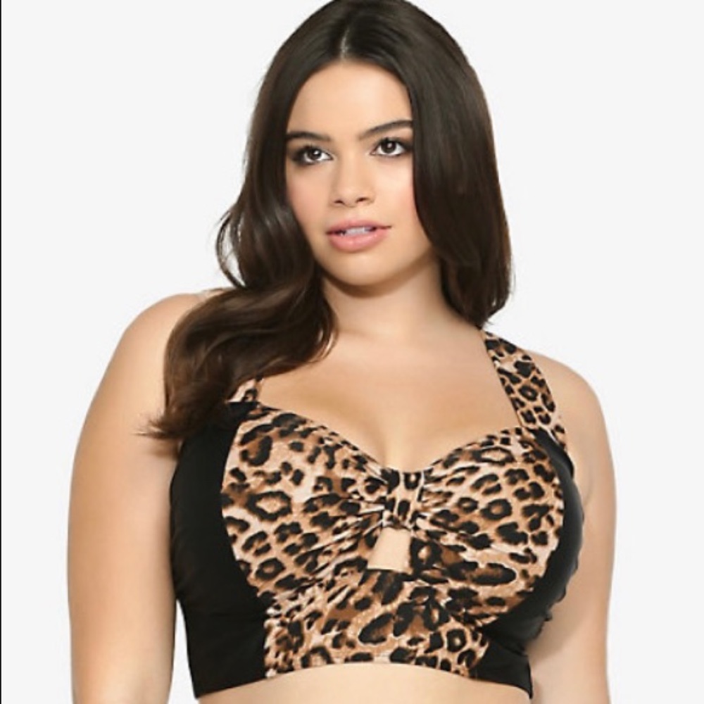 Black/leopard swim top and high-waisted bottom